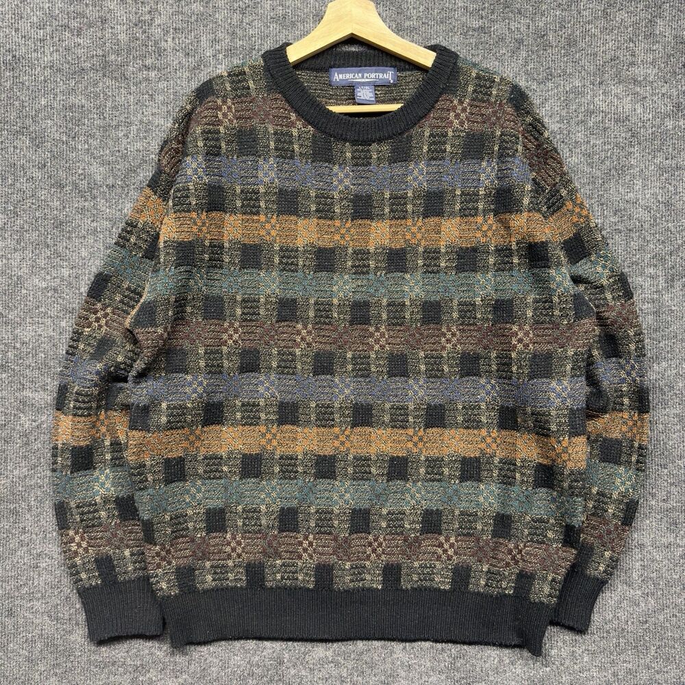 VTG 90s American Portrait Geometric Sweater Mens LT Coogi Style Knit Grandpa